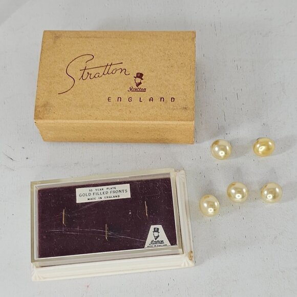 Vintage Stratton 10-Year Plate Gold Filled Fronts Faux Pearl Buttons With Box - Picture 1 of 8